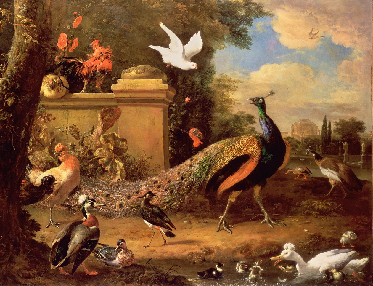 Pawie i inne ptaki nad jeziorem autorstwa Melchior de Hondecoeter