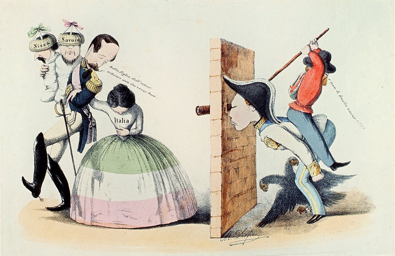Risorgimento: Rycina na temat traktatu turyńskiego (Trattato di Torino) z 24.03.1860 r. (rycina) autorstwa Melchiorre Delfico
