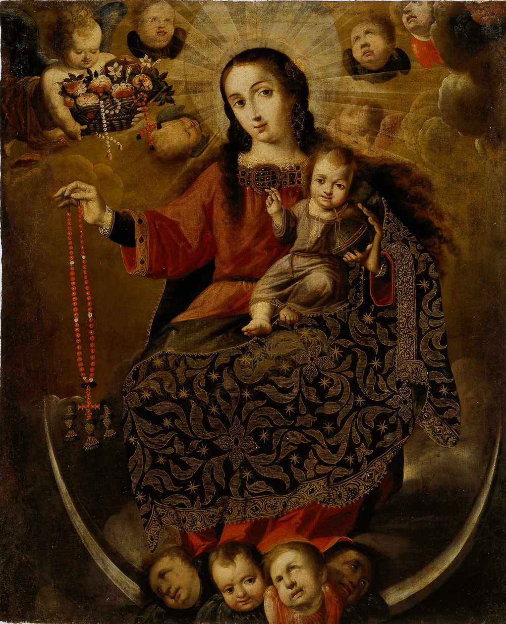 Madonna Różańcowa, koniec XVII-pocz. XVIII w. (złoty liść z olejem na płótnie) autorstwa Melchor Pérez de Holguín