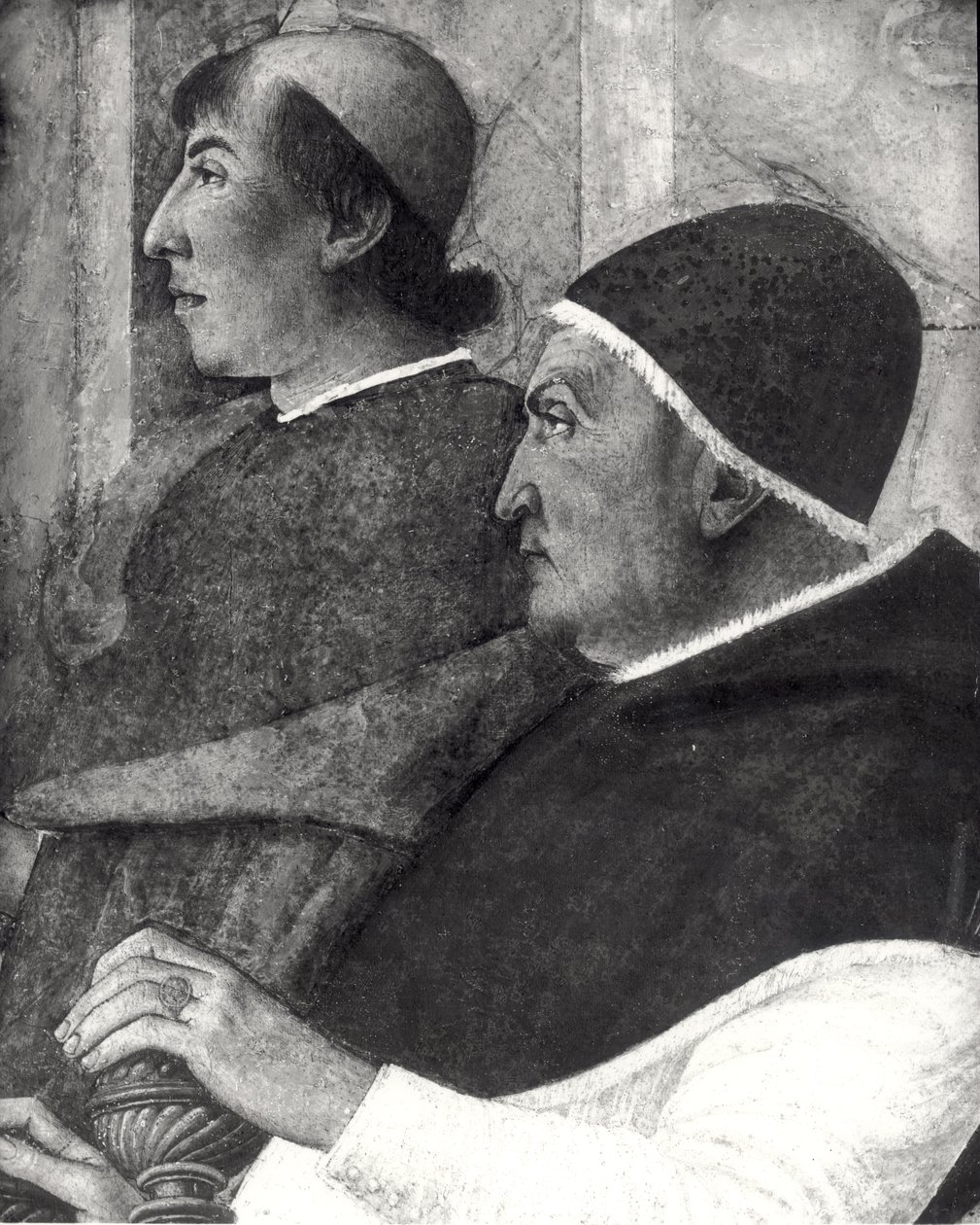 Papież Sykstus IV (1414-84) (Francesco della Rovere) z kardynałem za nim Instaluje Bartolommeo Platinę na stanowisko dyrektora Biblioteki Watykańskiej (szczegół) autorstwa Melozzo da Forli
