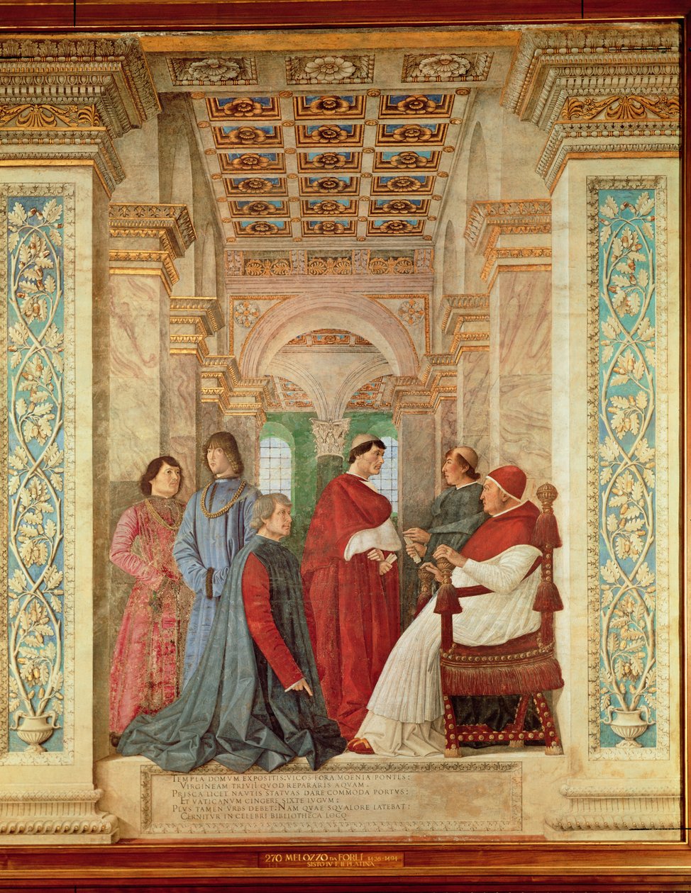 Papież Sykstus IV mianuje Bartolommeo Platina dyrektorem Biblioteki Watykańskiej, ok. 1477 r. (fresk przeniesiony na płótno) autorstwa Melozzo da Forli