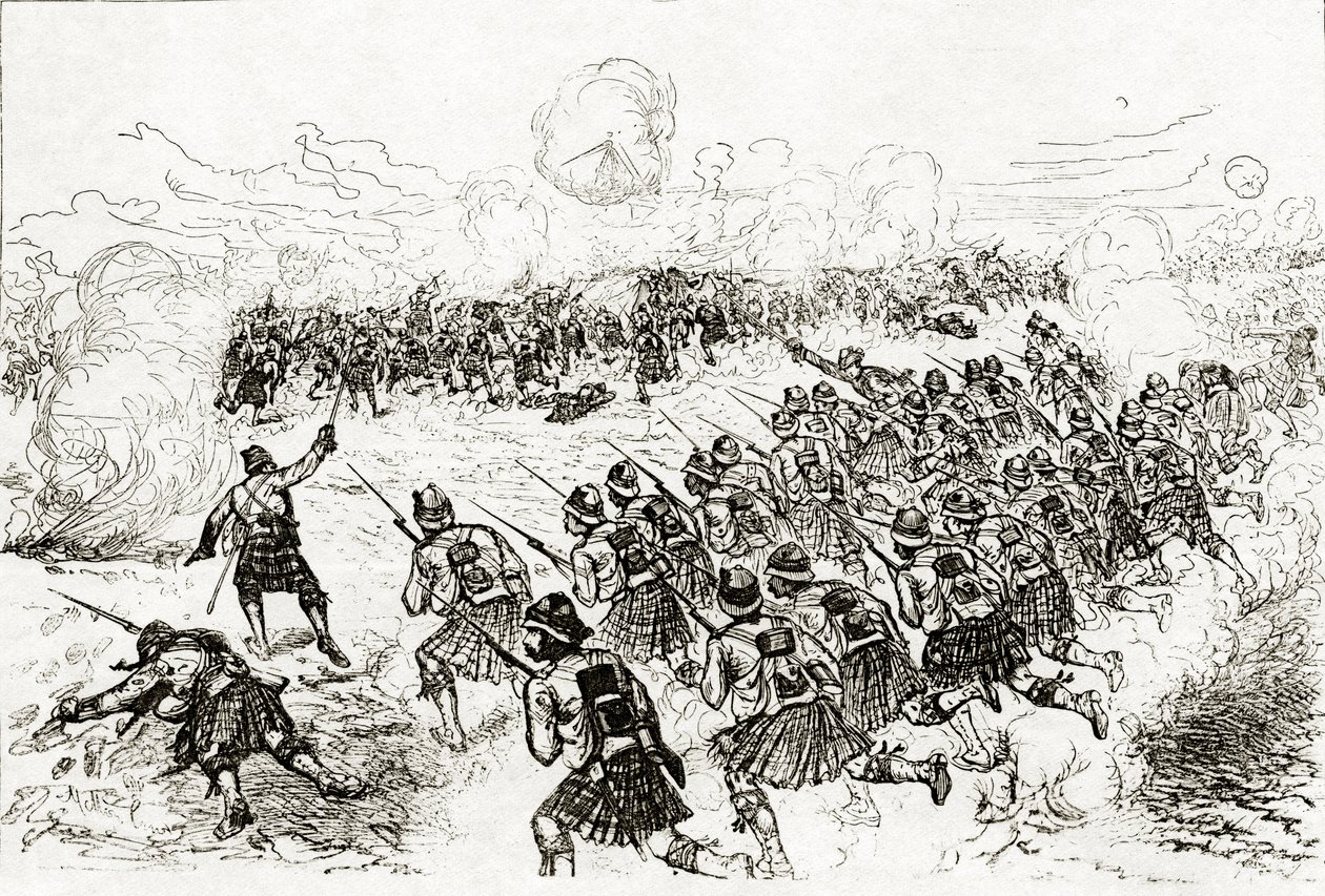 Czarna Straż szarżująca na okopy w bitwie pod Tel el-Kebir, opublikowana w „The London Illustrated News”, październik 1882 autorstwa Melton Prior