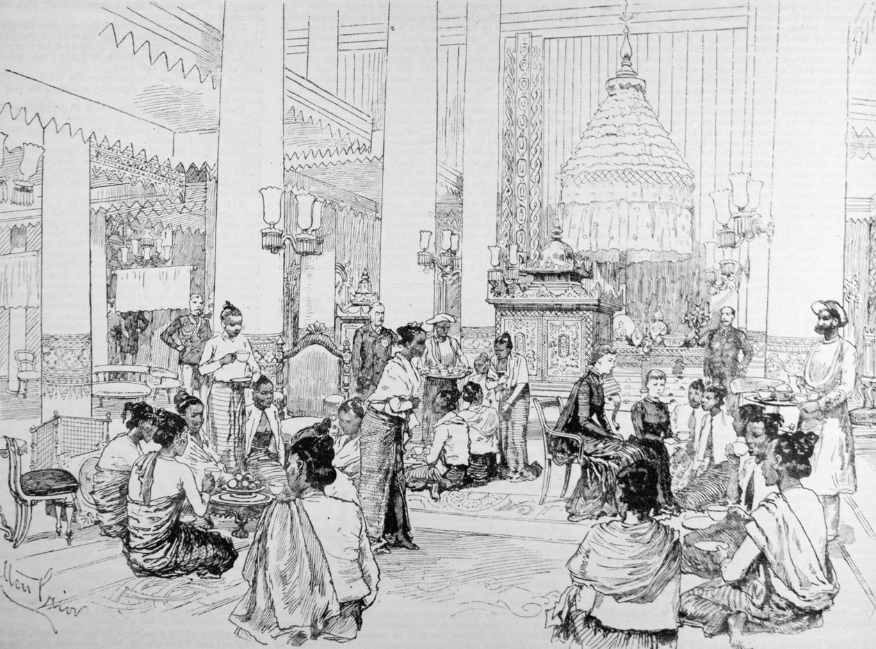 Wicekról Indii w Birmie: Birmańskie panie piją herbatę z Lady Dufferin w pałacu w Mandalay, z „The Illustrated London News”, 4 marca 1886 autorstwa Melton Prior