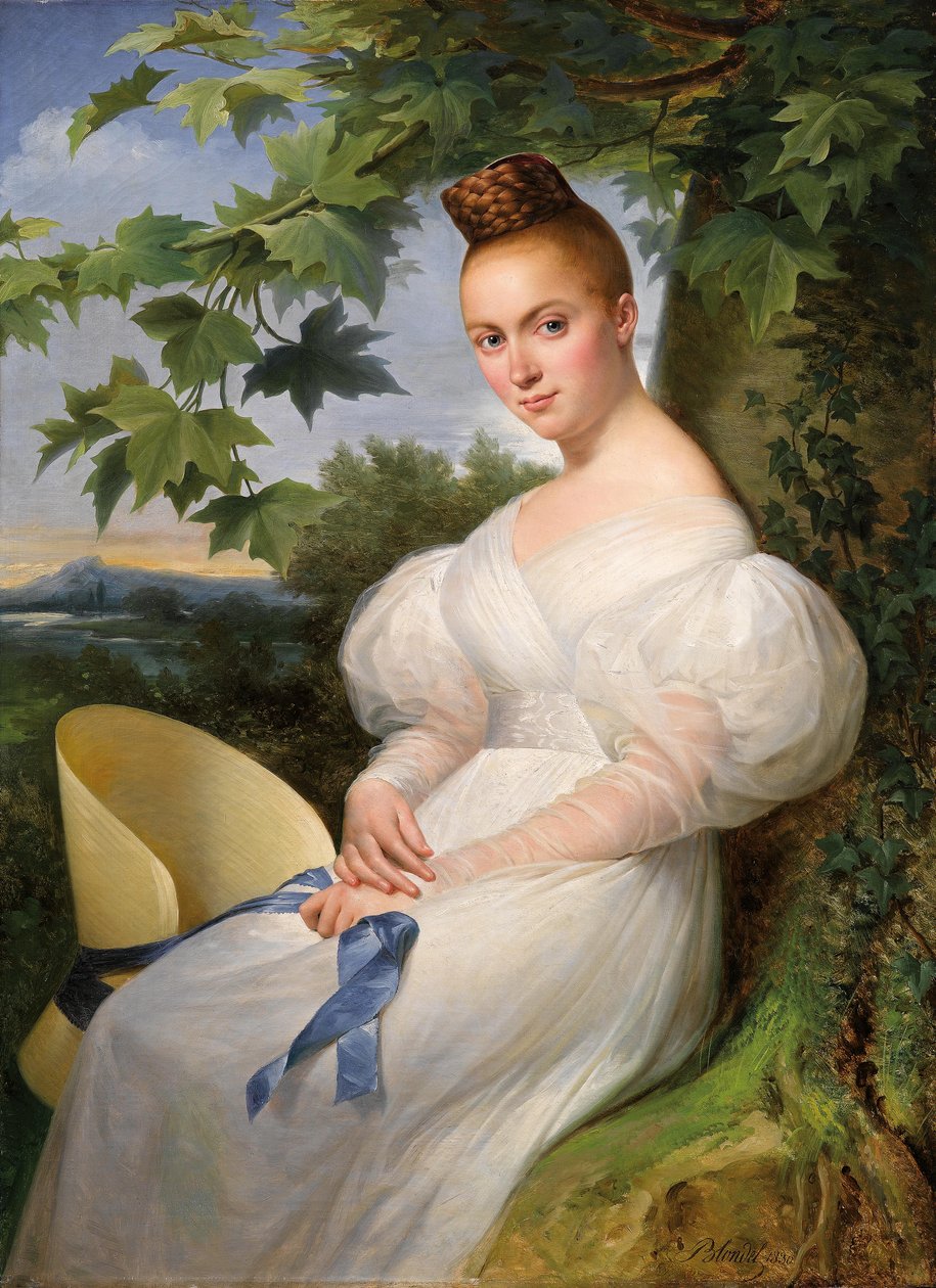 Portret młodej kobiety w słomkowym kapeluszu autorstwa Merry Joseph Blondel