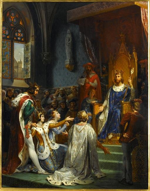 Król Jan II Dobry przyjmuje w Luwrze poddanie Karola II Złego, króla Nawarry, 1354n autorstwa Merry Joseph Blondel