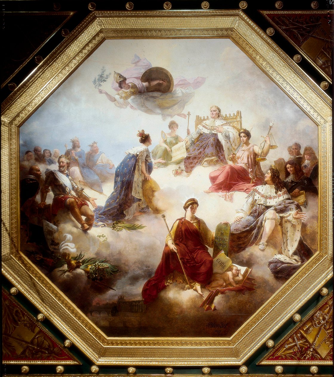 Francja, pośród królów tworzących prawo i francuskich prawników, otrzymuje Kartę Konstytucyjną od Ludwika XVIII, sufit sali Camondo, Luwr, Paryż autorstwa Merry Joseph Blondel