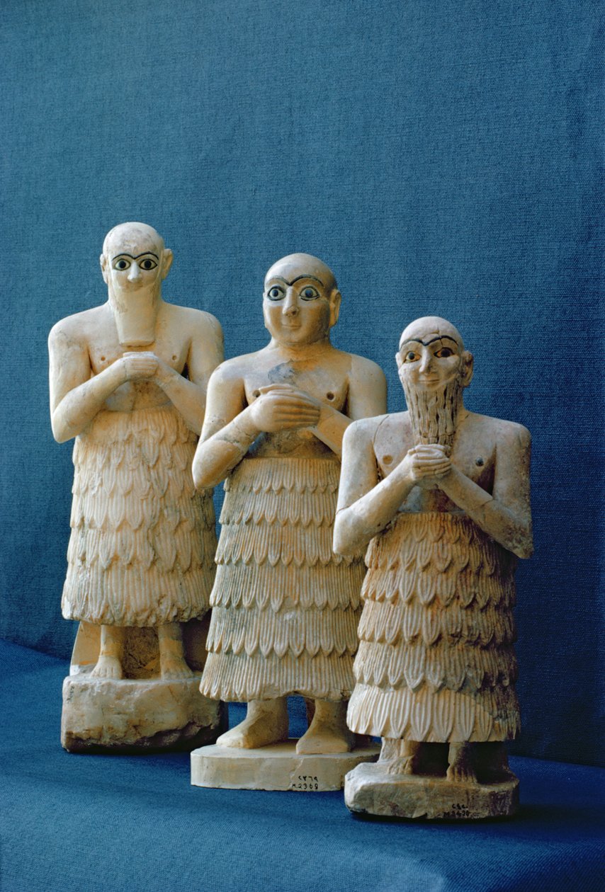 Figurki wotywne odkryte w Nippur, Irak, ok. 2800 pne (alabaster i złoto) autorstwa Mesopotamian