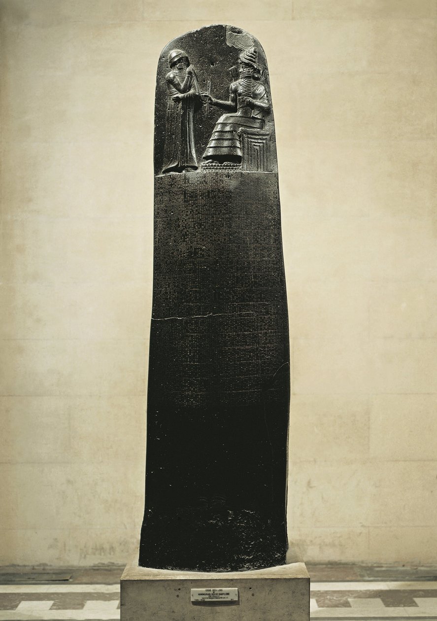 Kodeks Hammurabiego: bóg Szamasz dyktujący swoje prawa Hammurabiemu, królowi Babilonu, znaleziony w Suzie w Iranie ok. 1750 pne (bazalt) autorstwa Mesopotamian
