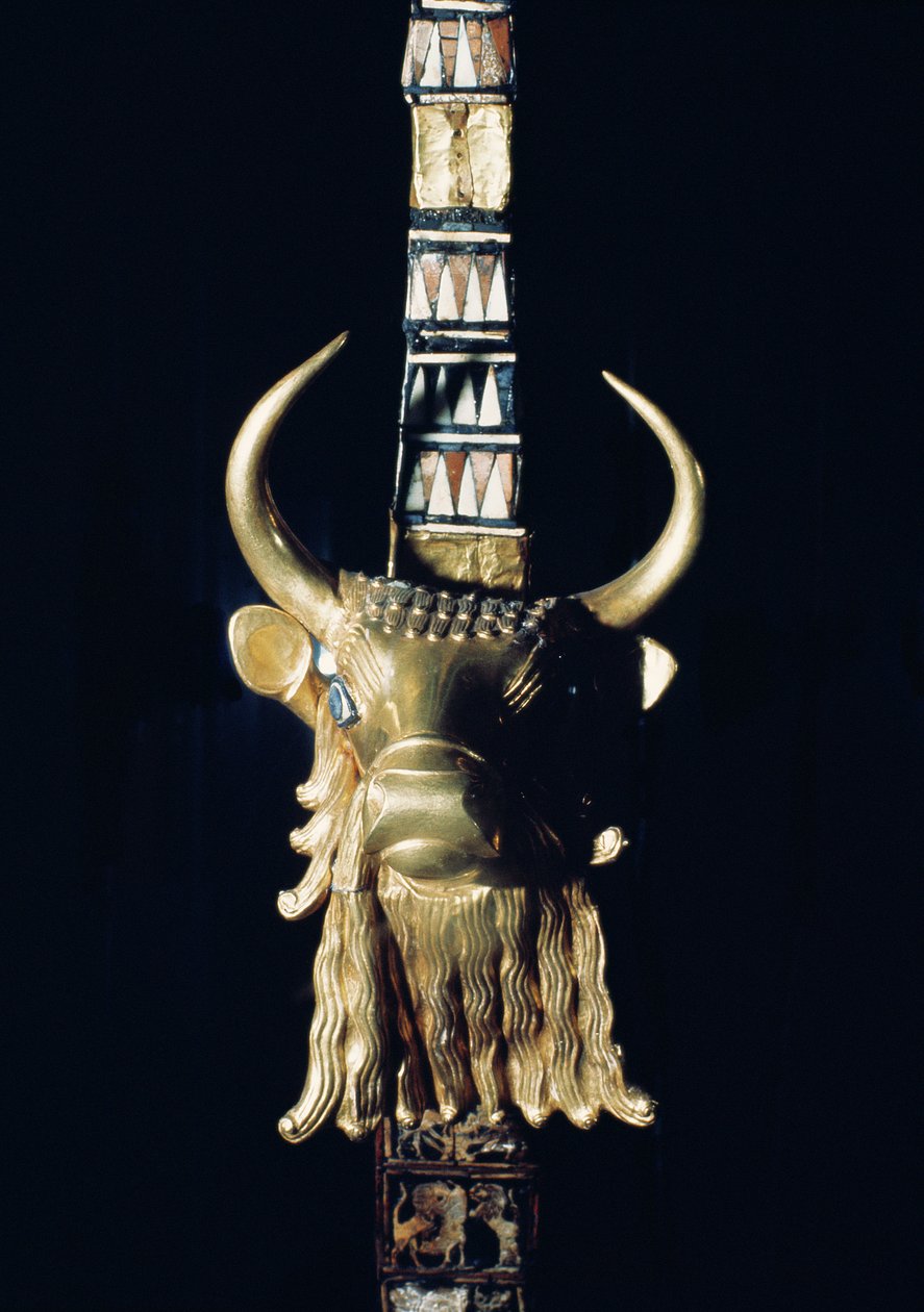 Głowa byka, dekoracja z harfy, 2800-2300 pne (złocone drewno) (patrz 198659) autorstwa Mesopotamian