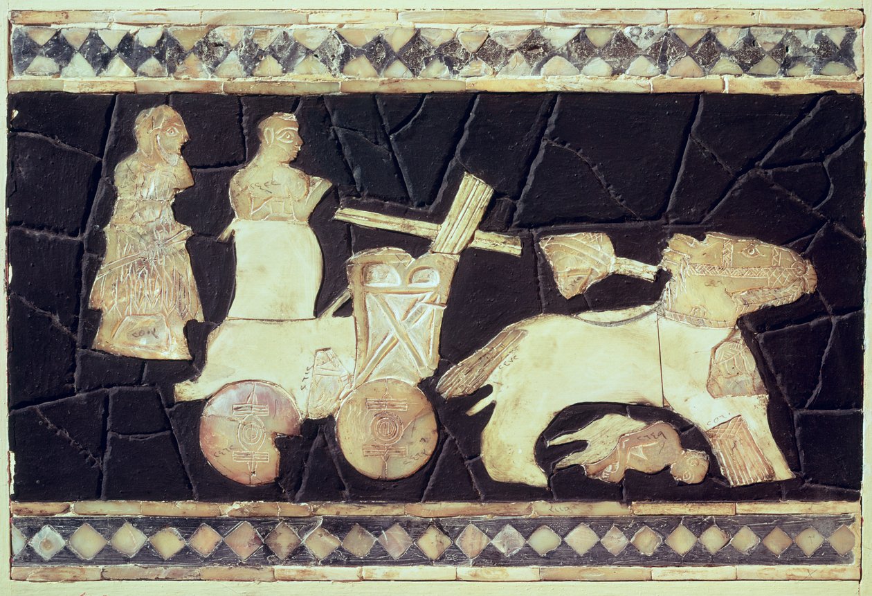 Rydwan wojenny ciągnięty przez dwa konie, 2800-2300 pne (kość słoniowa, masa perłowa i mozaika) autorstwa Mesopotamian