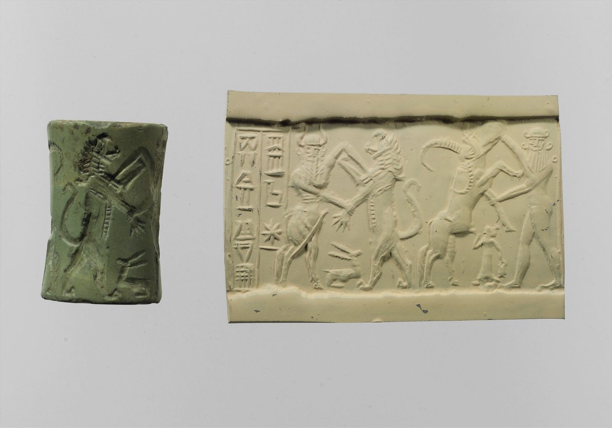 Cylindrowa pieczęć bojowa z nowoczesnym odciskiem ok. 2250-2150 r. p.n.e. (albit) autorstwa Mesopotamian Mesopotamian