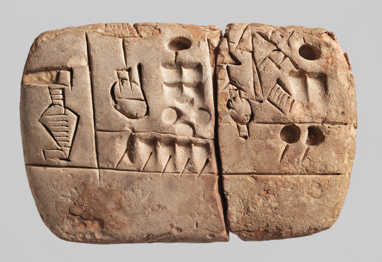 Wczesna tabliczka piktograficzna pismem klinowym, Mezopotamia, Uruk, ok. 3100-2900 p.n.e. (glina) autorstwa Mesopotamian Mesopotamian