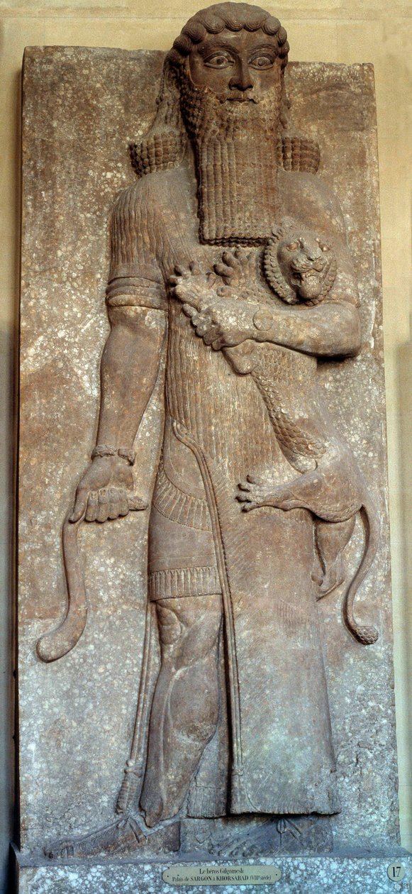 Mezopotamia: „”Posąg Sargona opanowującego lwa””” powiedział „”Gilgamesz””Dwór Khorsabad (Khunsabad) VIII wiek. Paryż, Luwr autorstwa Mesopotamian Mesopotamian