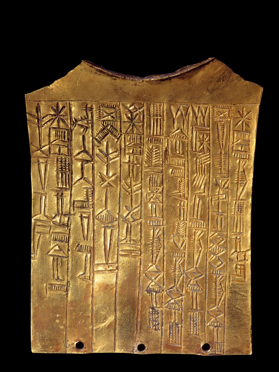 Mezopotamia: złoty talerz wotywny w kształcie brody poświęcony bogu Sarze. Pokryta jest napisem klinowym. Od Ummah. 2370 pne. Paryż, Luwr autorstwa Mesopotamian Mesopotamian