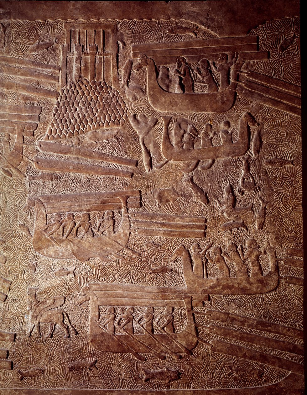 Mezopotamia: scena morska przedstawiająca transport drewna do Libanu. Fragment płaskorzeźby albastra z Chorsabadu (Khunsabad). Regne Sargona II. 710 pne. Paryż, Luwr autorstwa Mesopotamian Mesopotamian