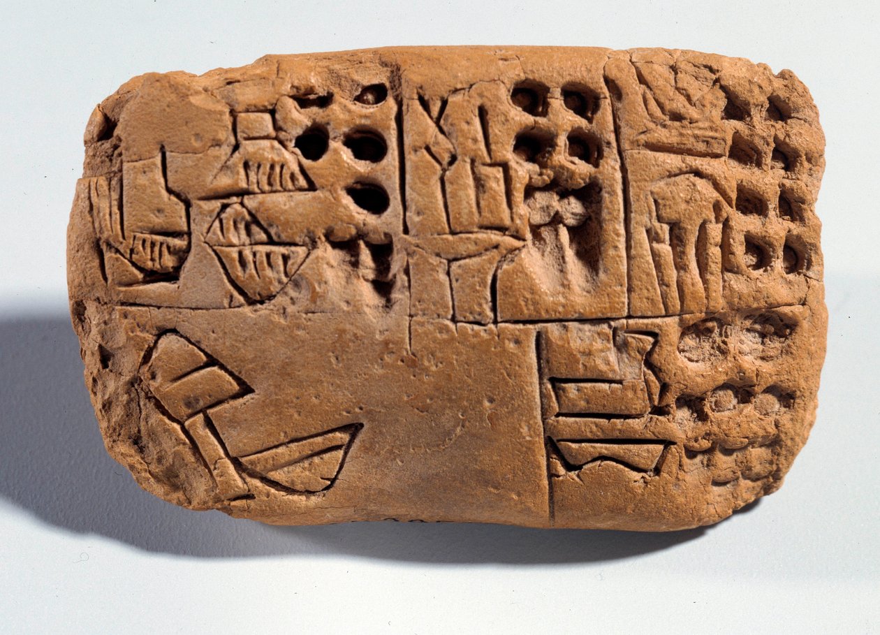 Mezopotamie: tabliczka z surowej ziemi z napisem klinowym. Region Sumer. 3300 pne Paryż, Musee du Louvre autorstwa Mesopotamian School