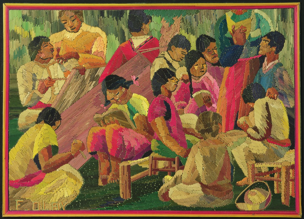 Scena meksykańskiej wioski (kolorowy obraz ze słomy) autorstwa Mexican School