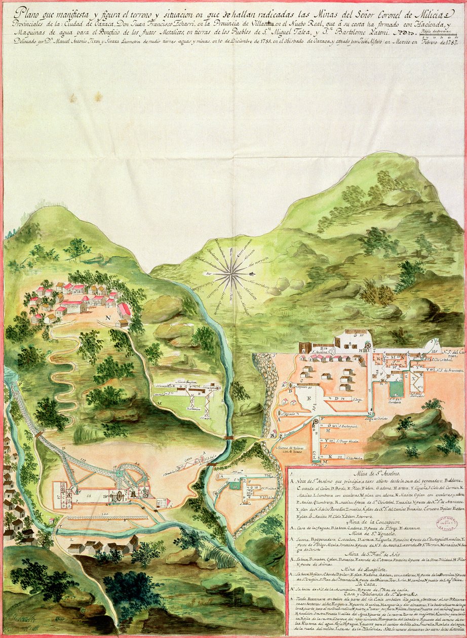 Plan kopalni w Oaxaca, Meksyk, 1785-87 (pióro i atrament i toaleta na papierze) autorstwa Mexican School