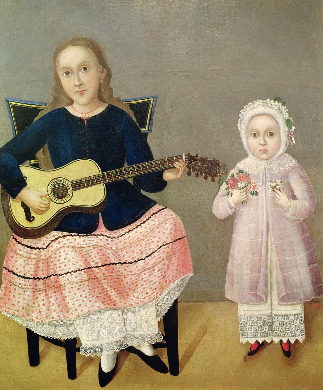 Dziewczynka z gitarą i dziecko z bukietem autorstwa Mexican School