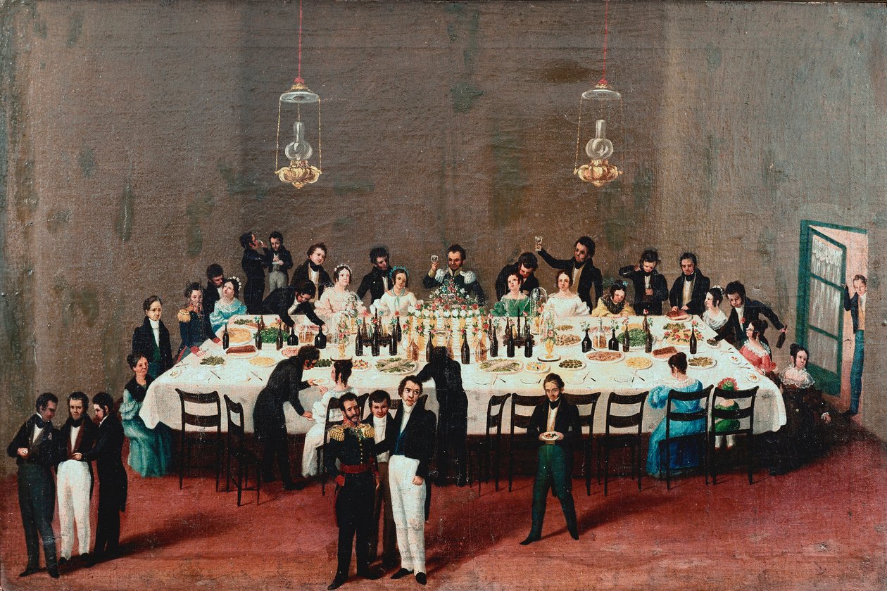 Bankiet na cześć generała Antonio Leona w Oaxaca, Meksyk Obraz meksykańskiej szkoły ludowej XIX wieku. Meksyk, Narodowe Muzeum Historyczne autorstwa Mexican School