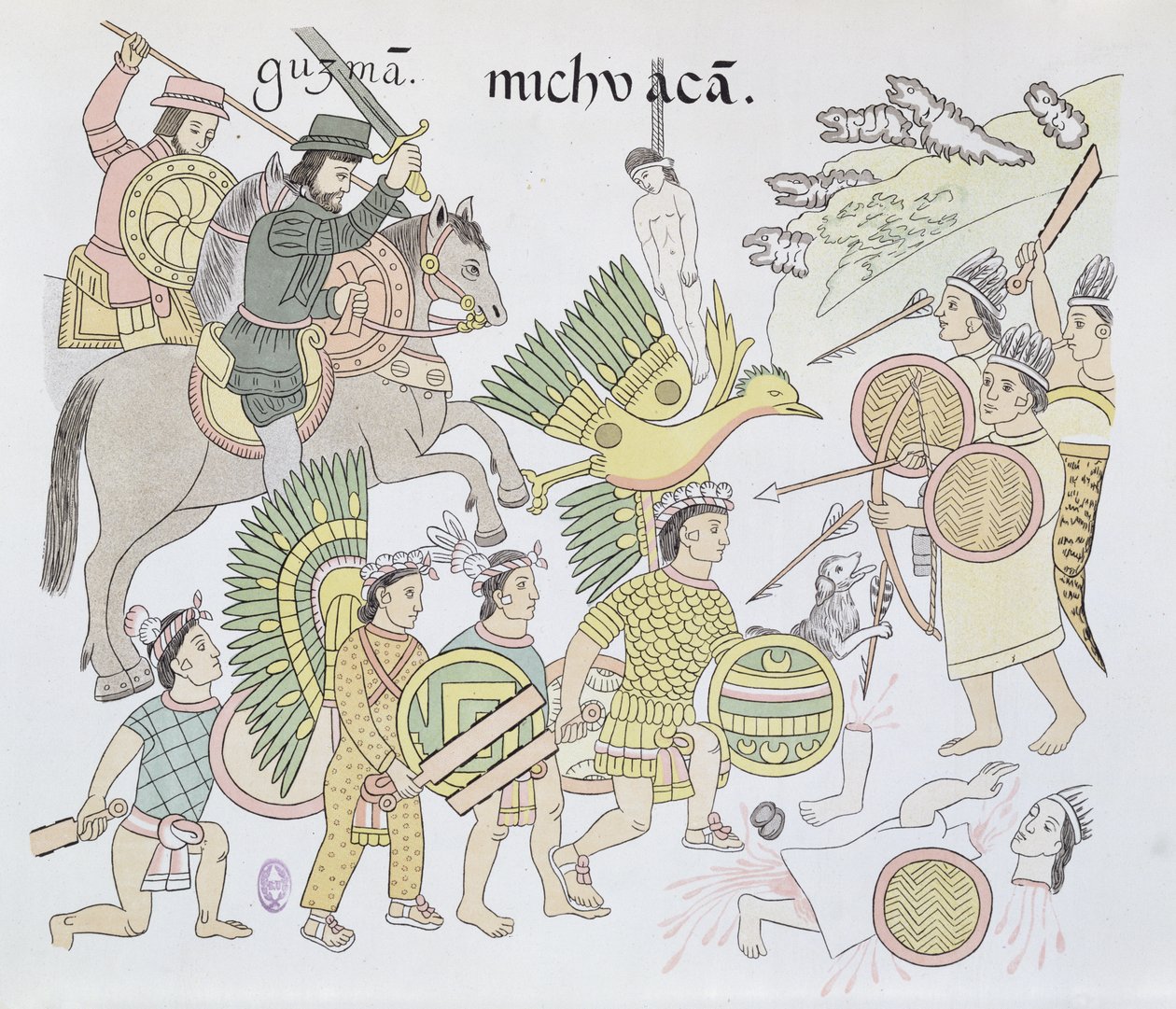 Bitwa pod Michoacan między Hiszpanami a Aztekami, ilustracja z faksymile historii Indian meksykańskich Lienzo de Tlaxcala z ok. 1550, 1892 autorstwa Mexican School