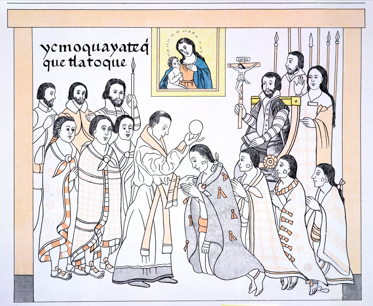 Kacyki przyjmujące komunię od księdza w domu Hernando Cortesa (1485-1547), ilustracja z faksymile historii obrazów Indian meksykańskich Lienzo de Tlaxcala z ok. 1550, 1892 (kolor autorstwa Mexican School