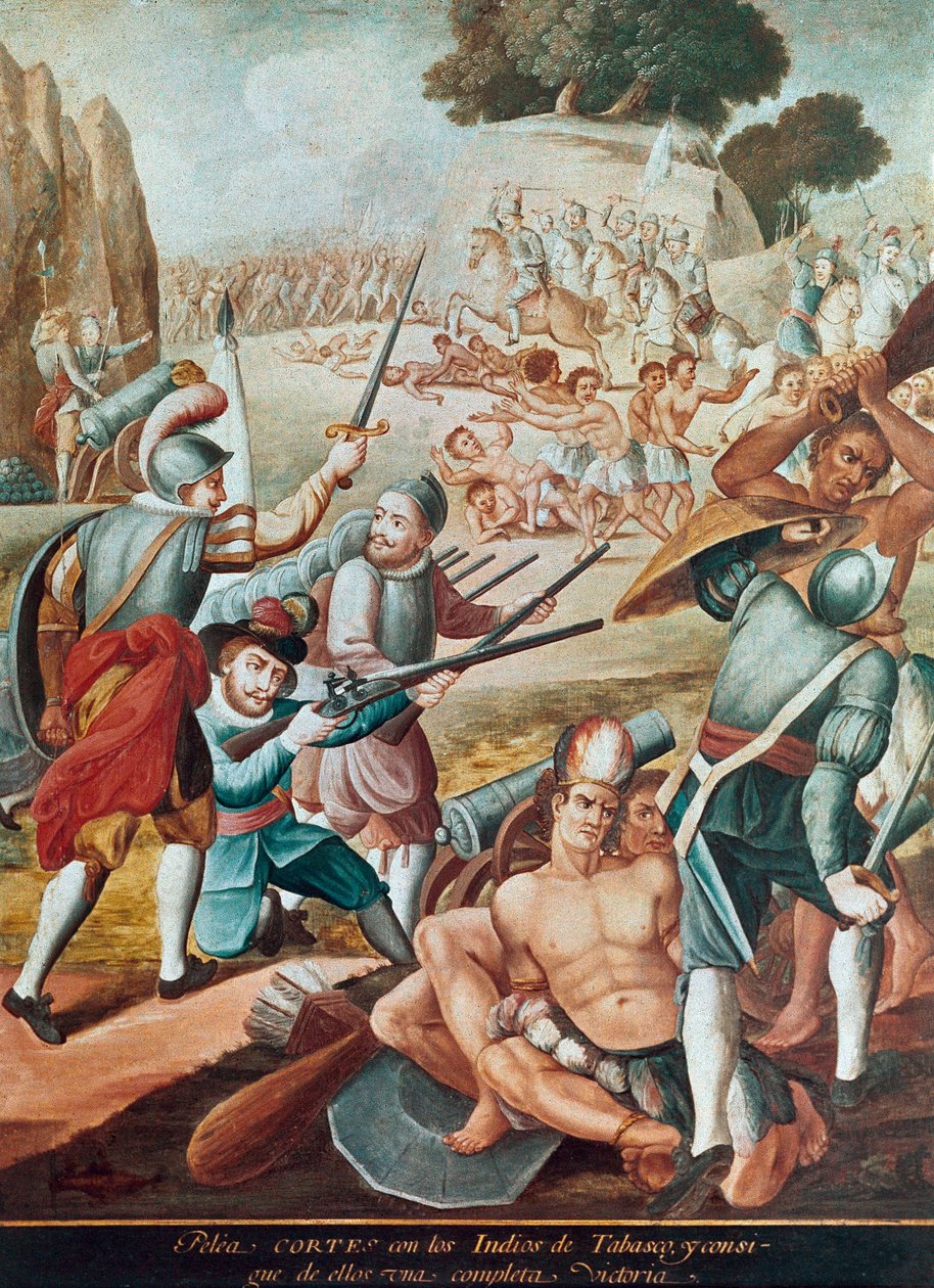 Podbój Meksyku: bitwa przeciw Hernando Cortesowi (Hernan Cortez) (1485-1547) z Indianami Tabasco w 1519 r. „Malarstwo szkoły meksykańskiej autorstwa Mexican School