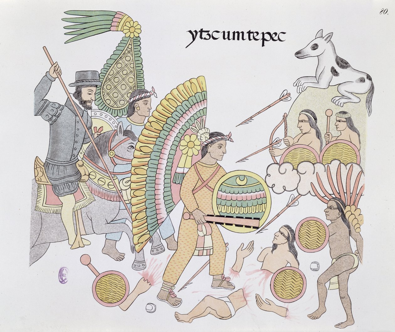 Hernando Cortes (1485-1547), oblężony w Tenochtitlan, postanawia opuścić miasto, ilustracja z faksymile historii Indian meksykańskich Lienzo de Tlaxcala z ok. 1550, 1892 (kolor litho autorstwa Mexican School