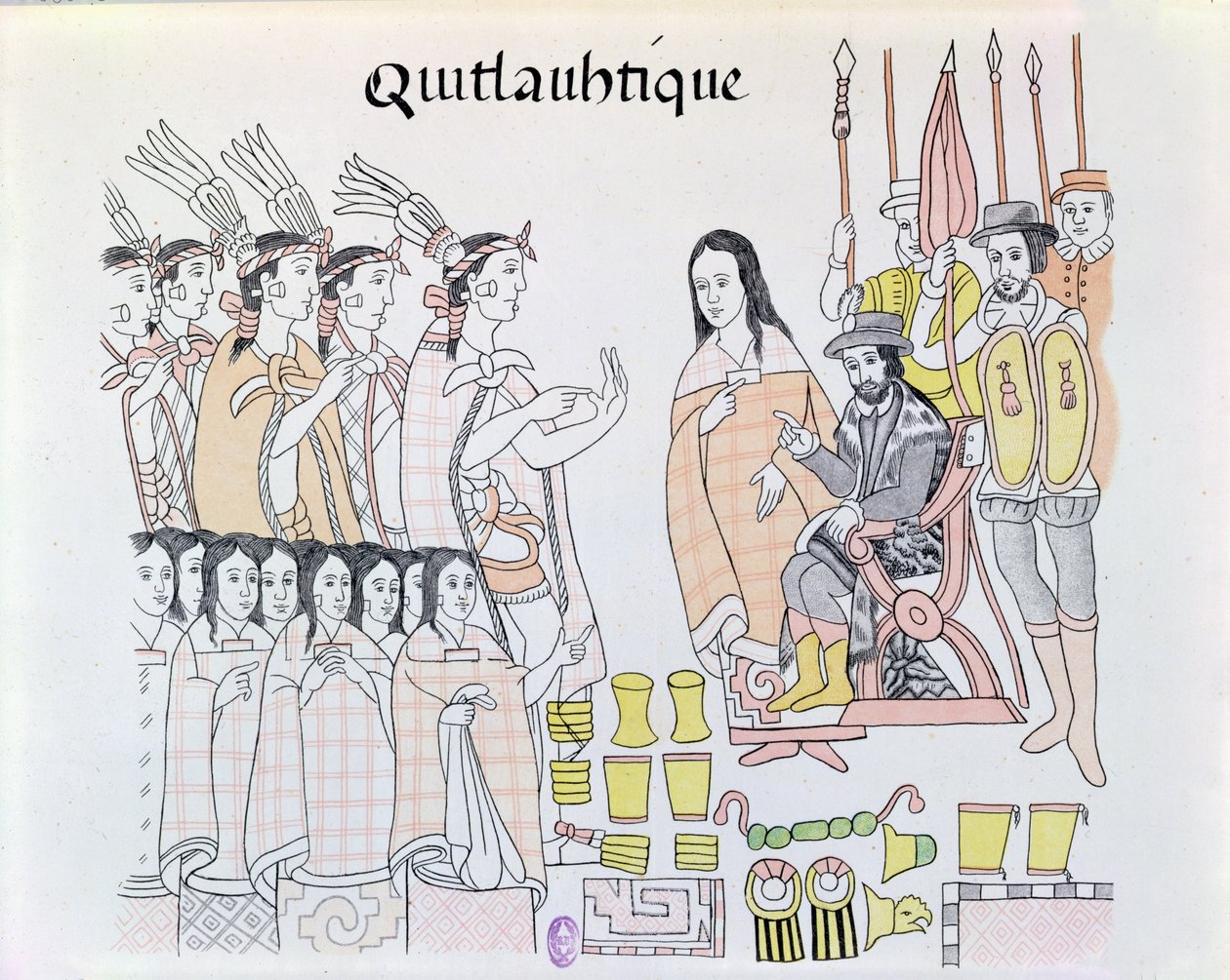 La Malinche (Dona Marina) w roli tłumacza podczas prezentacji kobiet i złota przez Montezumę (1466-1520) Hernando Cortesowi (1485-1547) ilustracja z faksymile pict meksykańskiego Indianina autorstwa Mexican School