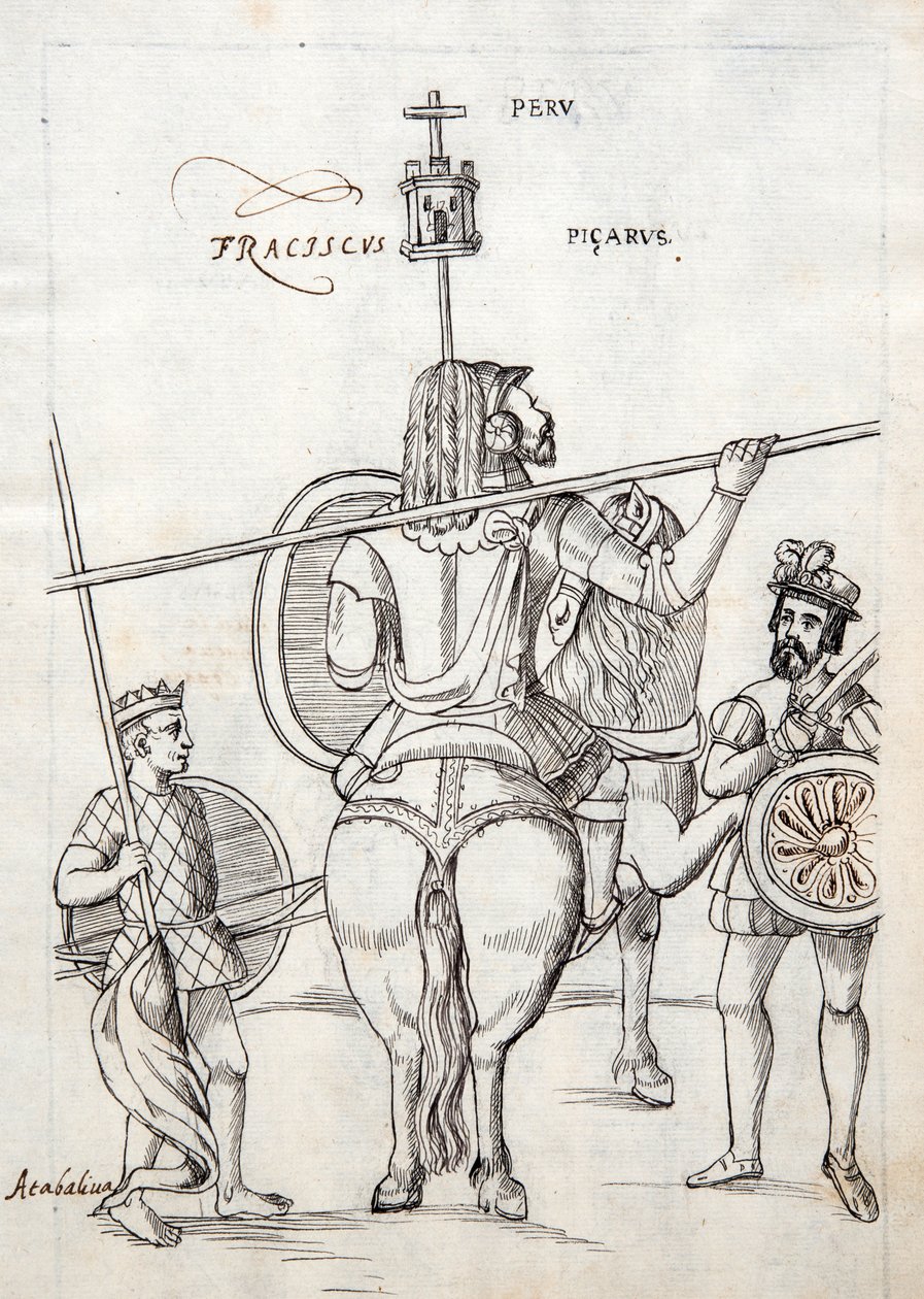 MS Hunter 242 f.248r Picarus, czyli Pizarro i koń bojowy, ilustracja z Historii de Tlaxcala autorstwa Diego Munoza Camargo autorstwa Mexican School