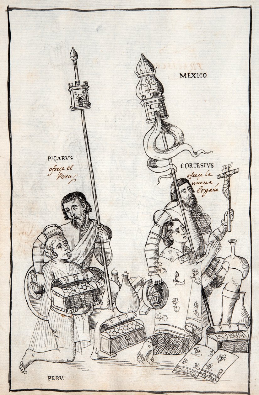 MS Hunter 242 f.248v Picarus (Pizarro) przedstawia Peru i Cortesius (Cortes) Nueva Espana, ilustracja z Historii de Tlaxcala autorstwa Diego Munoza Camargo autorstwa Mexican School