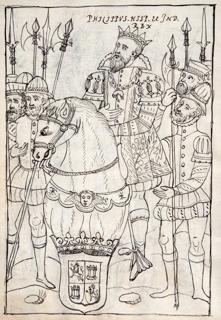 MS Hunter 242 f.249v Filip II siedzący na koniu, ubrany w order Złotego Runa, otoczony zbrojnymi, ilustracja z Historii de Tlaxcala autorstwa Diego Munoza Camargo (pióro i atrament autorstwa Mexican School