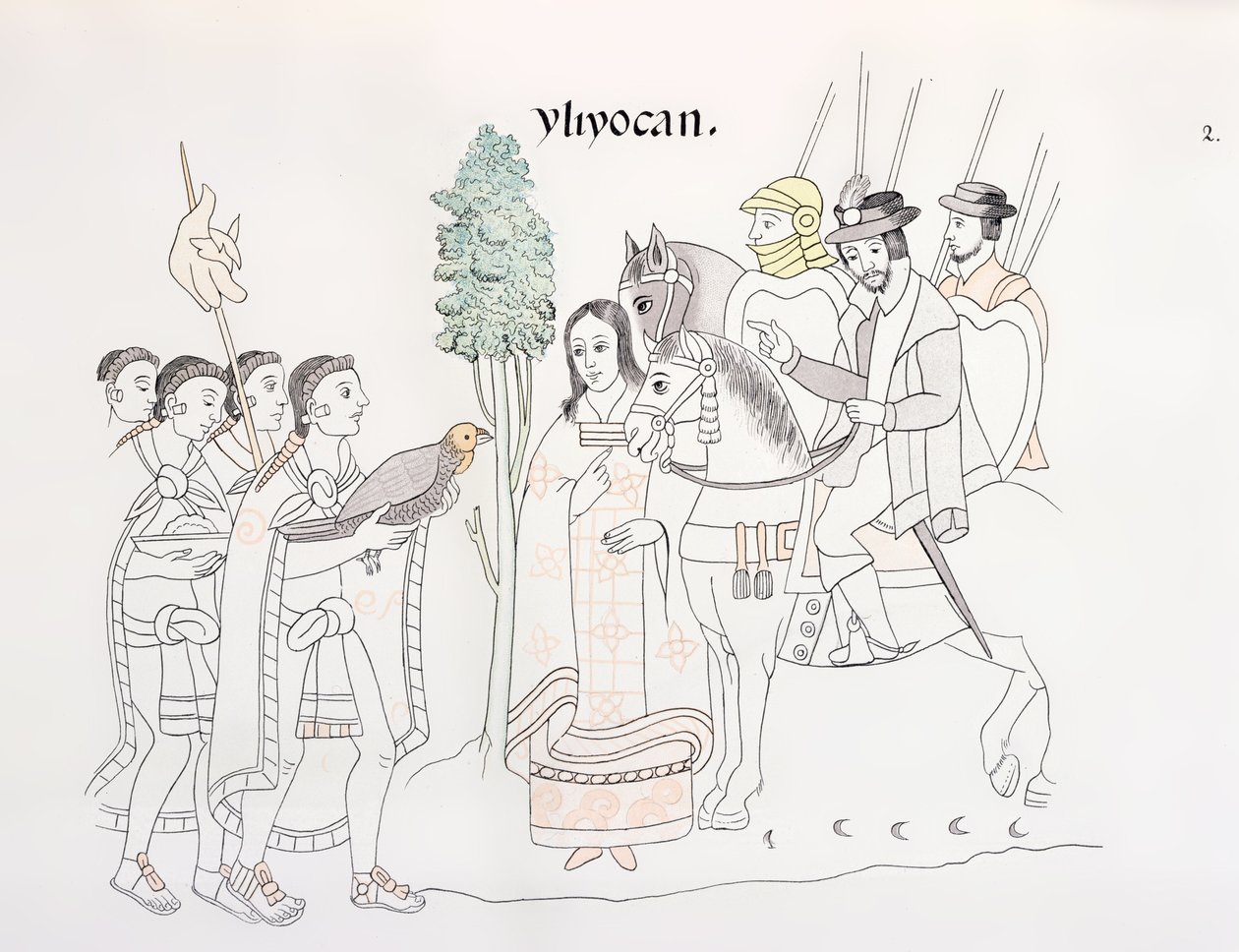 Spotkanie Hernando Cortesa (1485-1547) i Azteków, ilustracja z faksymile historii obrazów Indian meksykańskich Lienzo de Tlaxcala z ok. 1550, 1892 autorstwa Mexican School