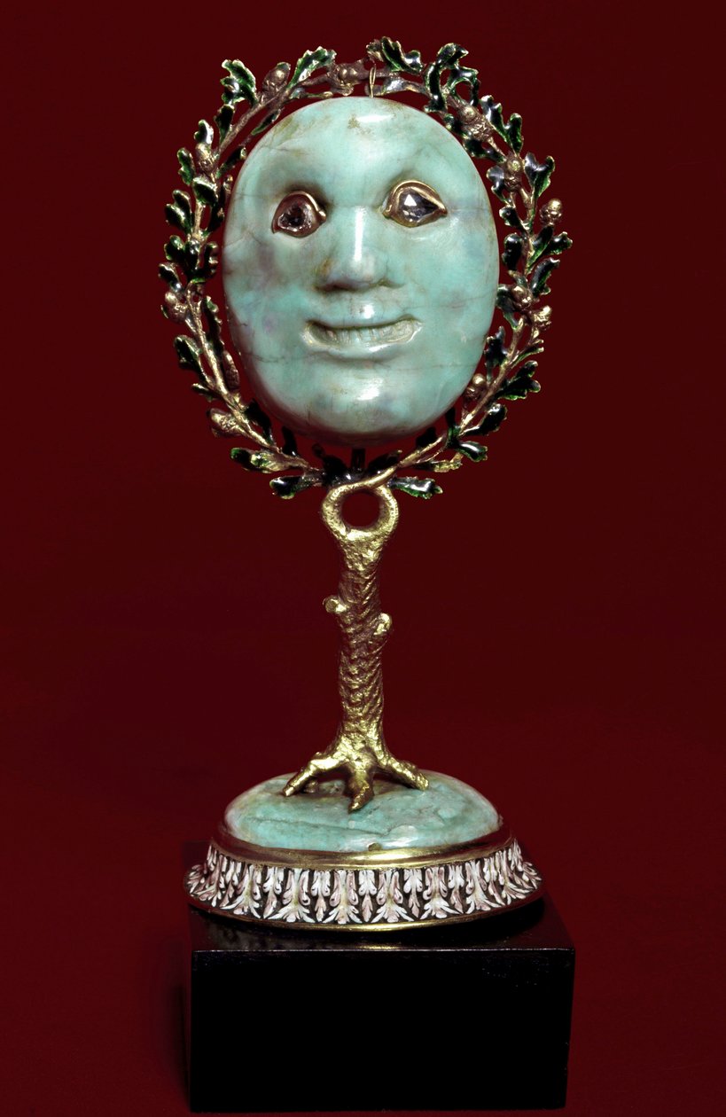 Sztuka meksykańska: maska do twarzy z turkusowej pasty z diamentowymi oczami. XVII-wieczna Florencja, museo degli argenti autorstwa Mexican School