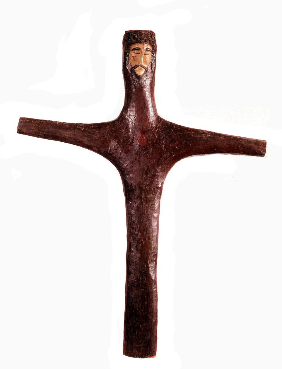 Sztuka meksykańska: polichromowany drewniany krzyż z głową Chrystusa wyrzeźbioną z jednego kawałka. XVII w. niedz. 2x1,56 m Meksyk. Muzeum Regionalne Michoacan autorstwa Mexican School