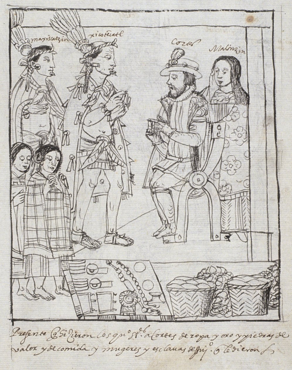 Montezuma spotyka Cortez Panią Hunter 242 f.255r Podbój Meksyku, z Historii de Tlaxcala autorstwa Diego Munoza Camargo autorstwa Mexican School
