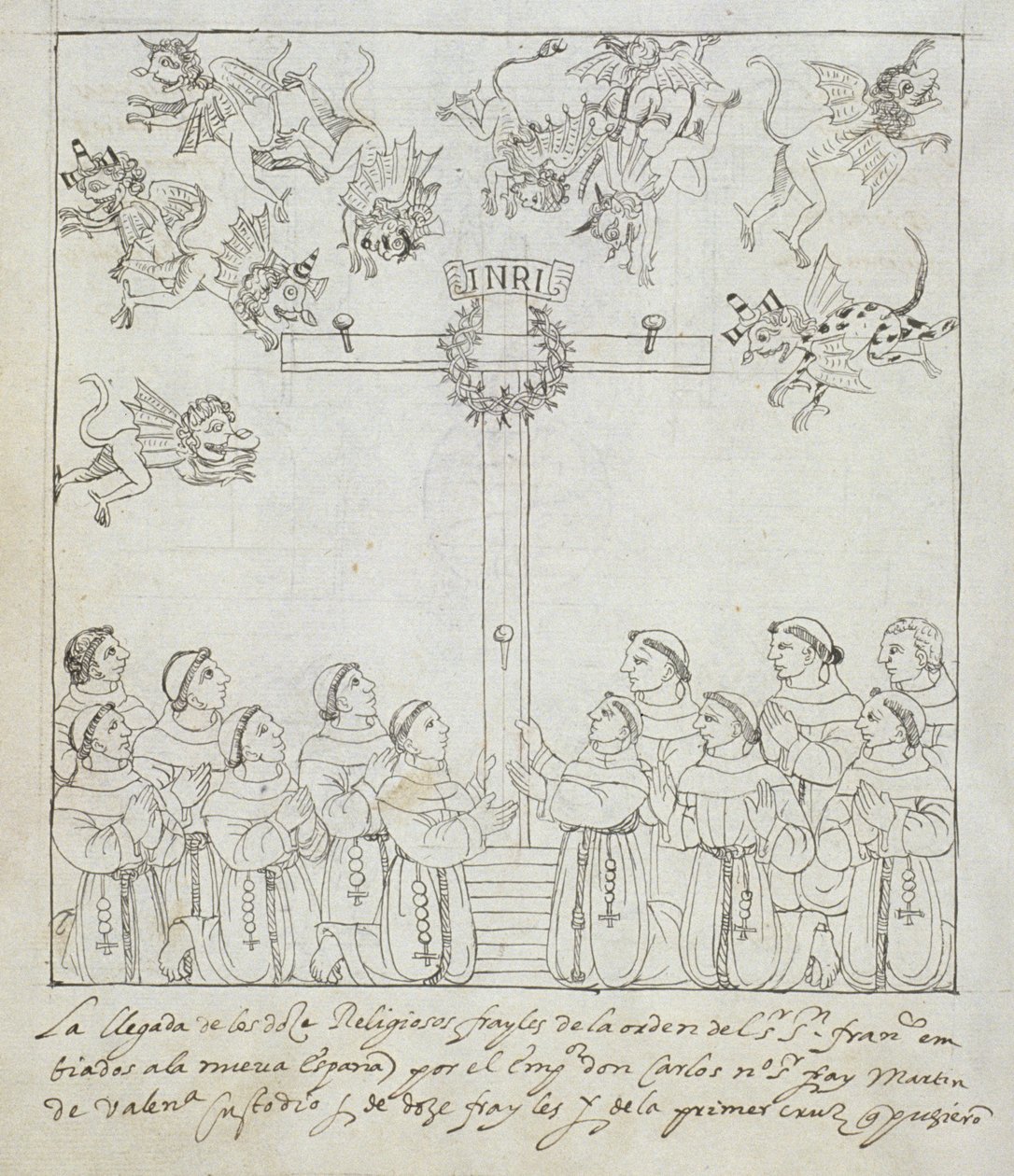 Ms Hunter 242 f.239v Wzniesienie pierwszego krzyża, z Historia de Tlaxcala autorstwa Diego Munoza Camargo autorstwa Mexican School