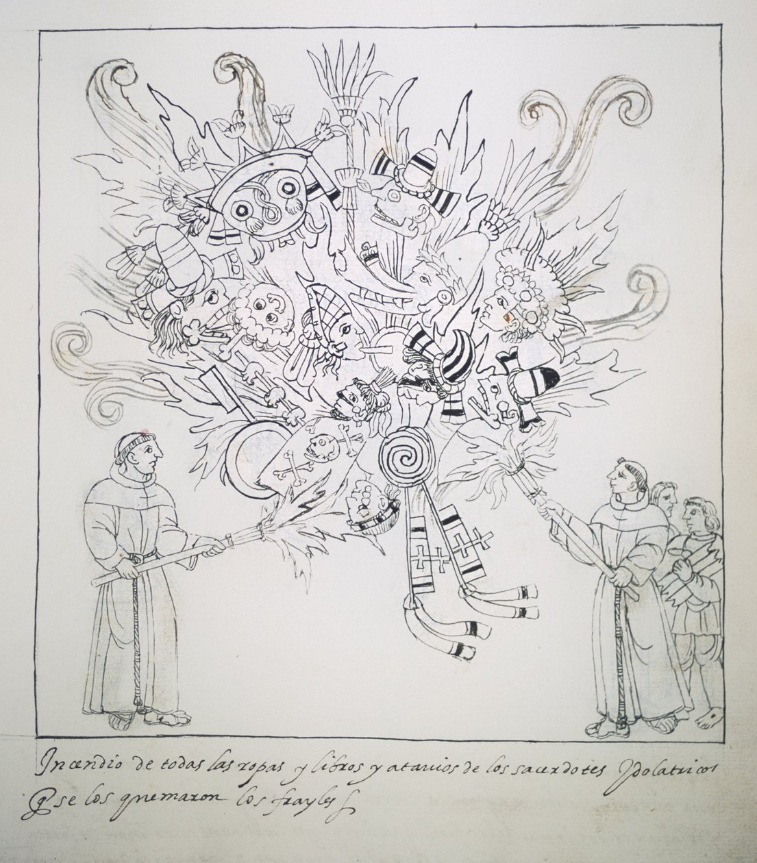 Ms Hunter 242 f.242r Bracia franciszkanie palący tradycyjne księgi i ubrania, z Historii de Tlaxcala autorstwa Diego Munoza Camargo autorstwa Mexican School