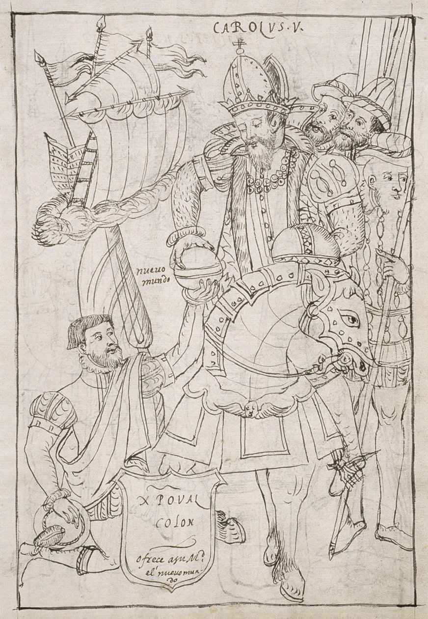 Pani Hunter 242 f.249r Krzysztof Kolumb (1451-1506) Symbolicznie ofiarowuje Nowy Świat Karolowi V (1500-08), z Historii de Tlaxcala autorstwa Diego Munoza Camargo autorstwa Mexican School