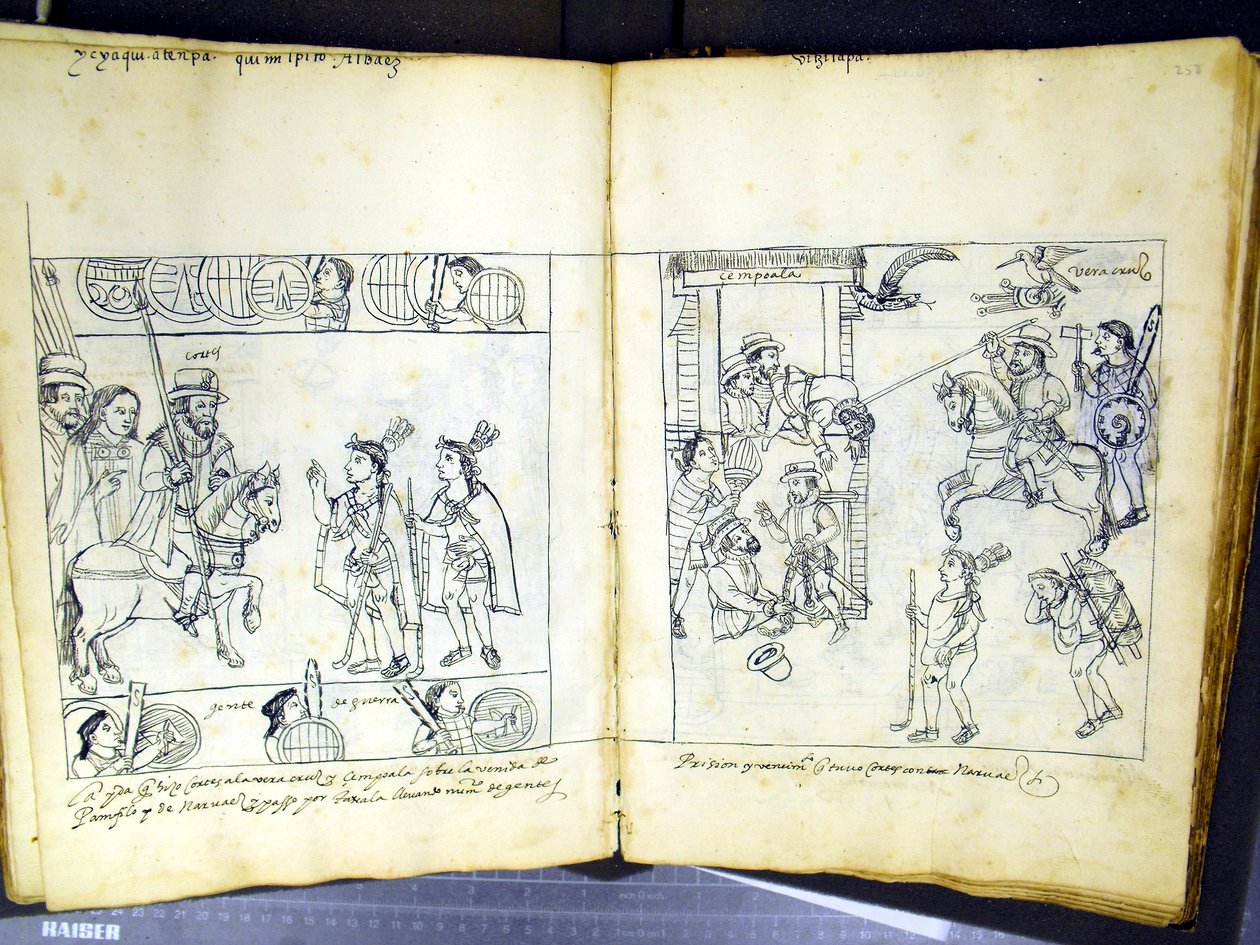 Pani Hunter 242 f.257v i f.258r, z „Historia de Tlaxcala” Diego Munoza Camargo (pióro i atrament na papierze) autorstwa Mexican School