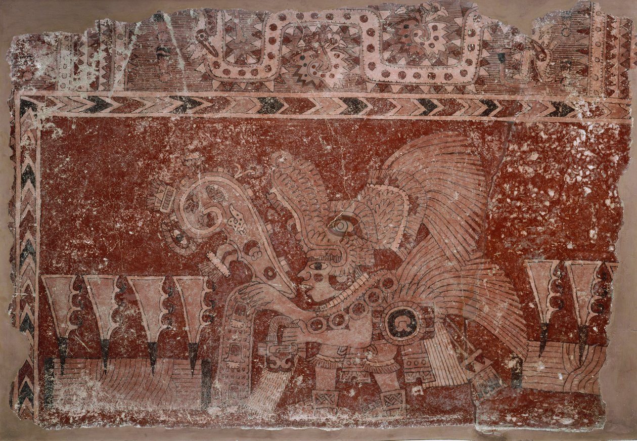 Fragment muralu z elitarnym samcem i liśćmi kaktusa Maguey, styl Teotihuacán, okres klasyczny, 500-550 autorstwa Mexican School