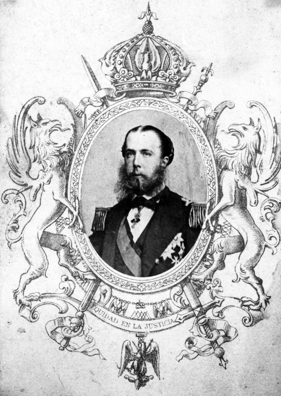 Portret cesarza Maksymiliana w meksykańskim herbie cesarskim (zdjęcie i rycina bw) autorstwa Mexican School