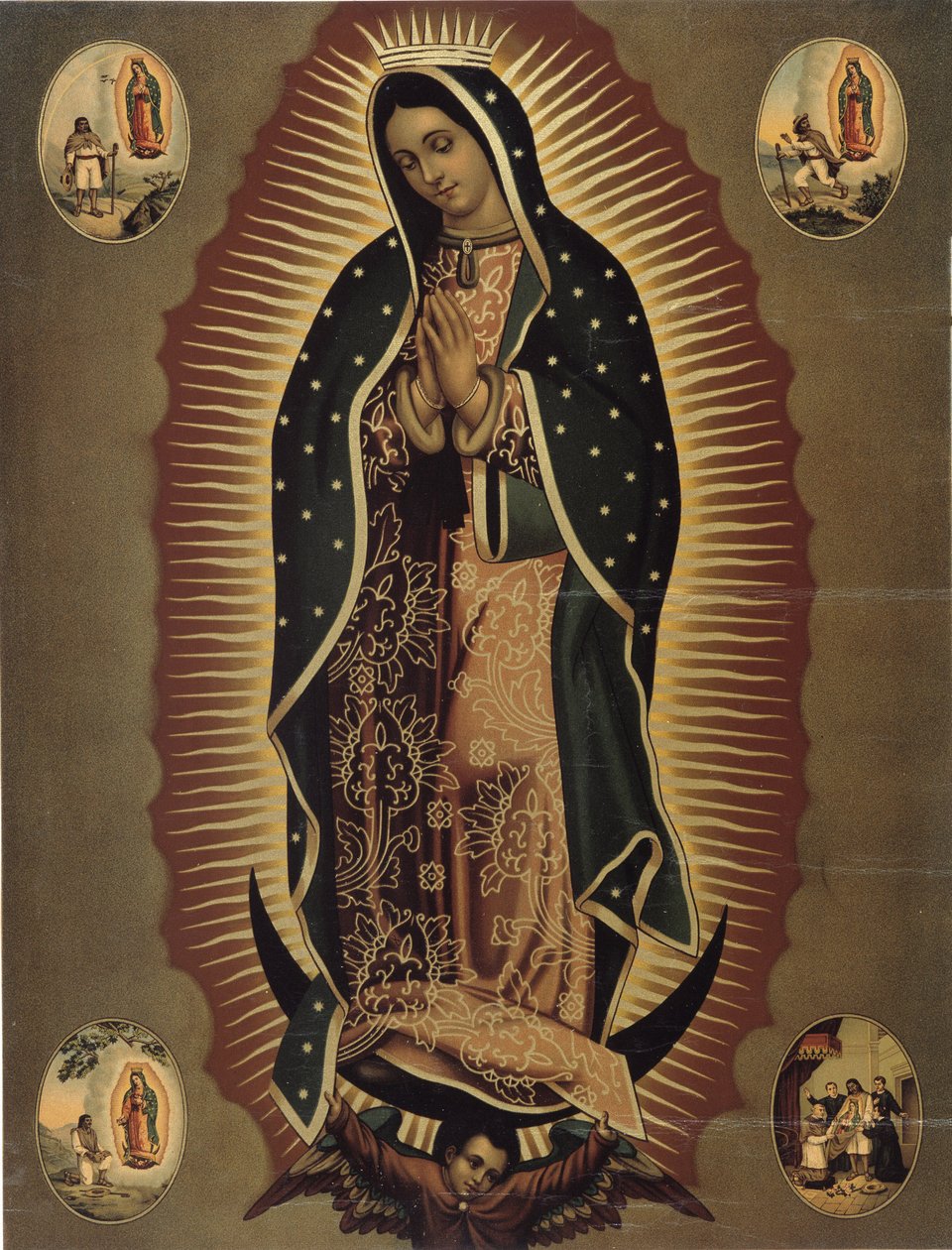 Reprezentacja Matki Boskiej z Guadalupe, patronki Meksyku Druk XX wieku. Ciemny. 51x39 cm Musee de la Vallee, Barcelonnette (Alpes de Haute Provence) autorstwa Mexican School