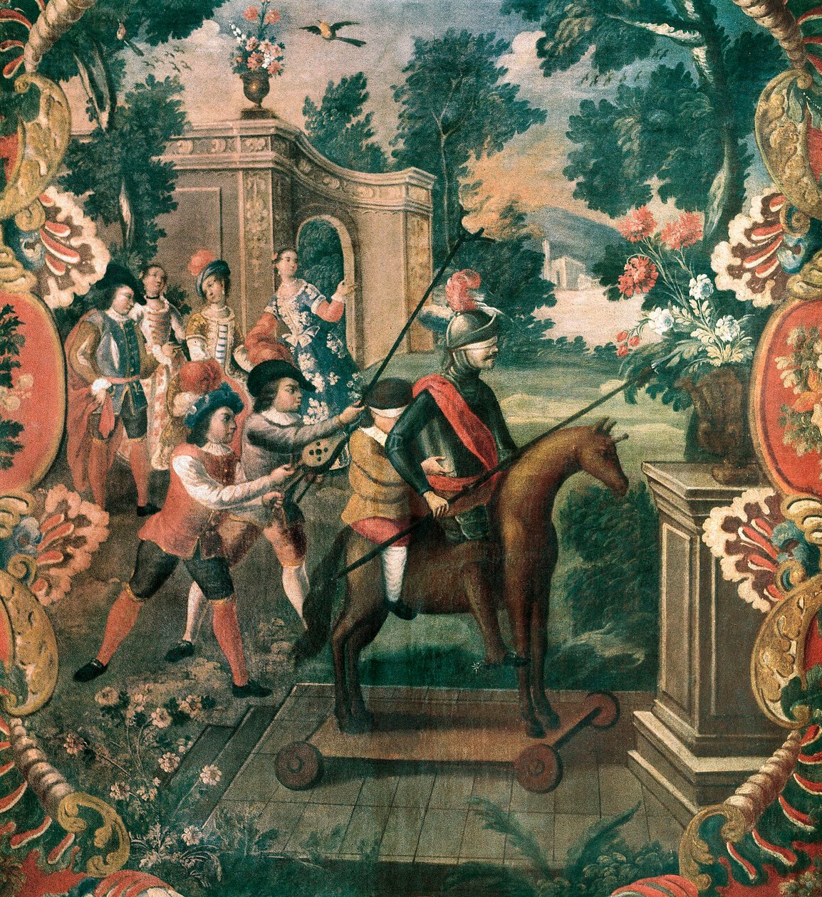 Scena zaczerpnięta z „Don Kichota z kanału” (Genialny dżentelmen Don Kichot z La Manchy) autorstwa Miguela de Cervantesa Saavedra (1547-1616) autorstwa Mexican School