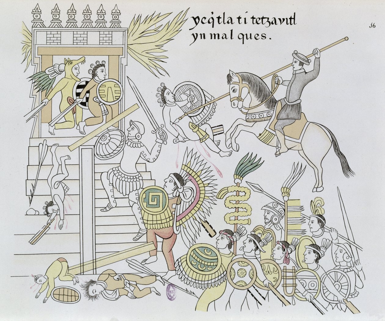 The Burning of the Idols, Hernan Cortes, ilustracja z faksymile historii meksykańskiego Indianina Lienzo de Tlaxcala z ok. 1550, 1892 (kolorowa grawerunek) autorstwa Mexican School