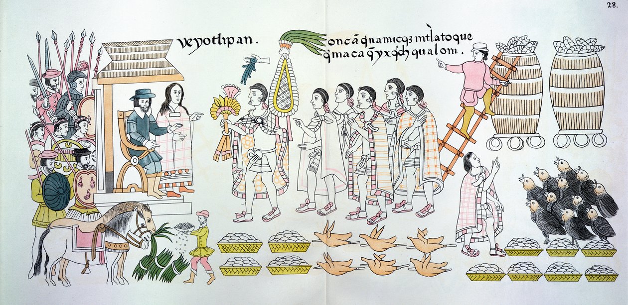 Wódz Tlaxcalan, Maxixcatzin, wręcza Hernando Cortesowi (1485-1547) bukiet róż i inne prezenty na powitanie, ilustracja z faksymile historii obrazów Indian meksykańskich autorstwa Mexican School