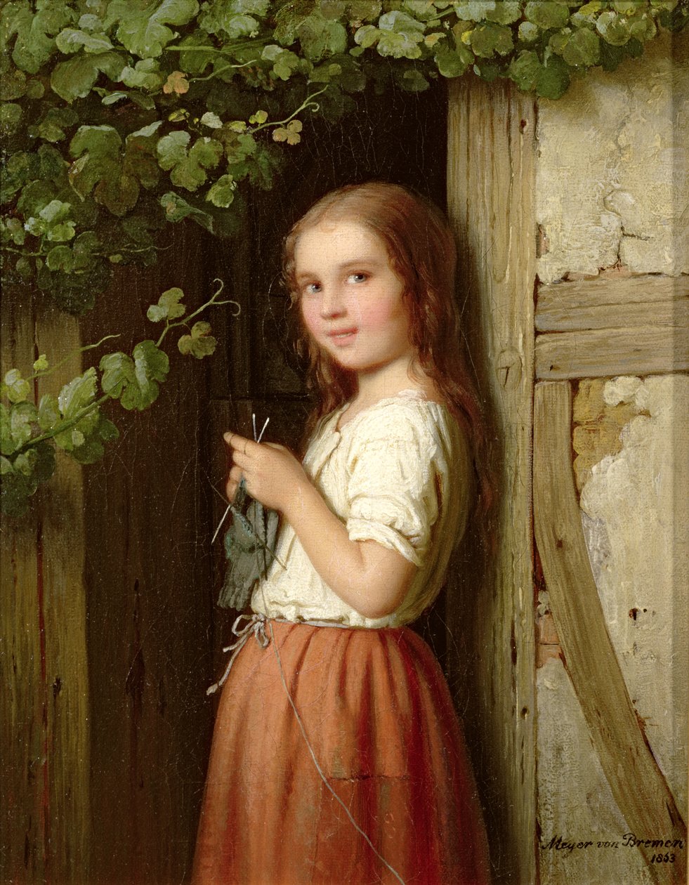 Młoda dziewczyna stojąca w drzwiach na drutach, 1863 autorstwa Johann Georg Meyer von Bremen