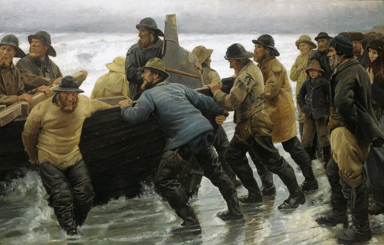 Rybacy wodujący łódź wiosłową autorstwa Michael Peter Ancher