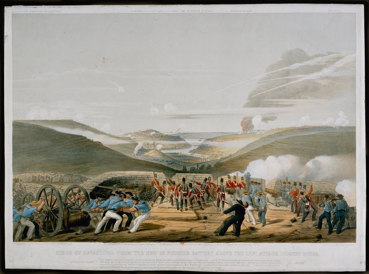 Oblężenie Sewastopola z baterii 32 funtowej nad domem Picqueta lewego ataku, wyryte przez Walkera, opublikowane w 1854 r. autorstwa Michael Biddulph