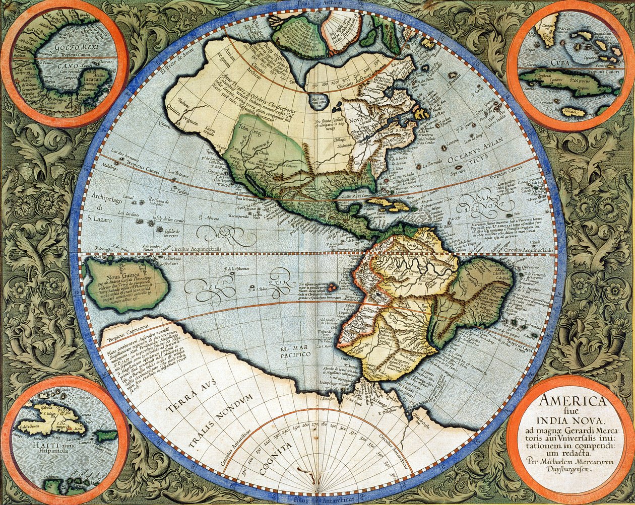 America sive India Nova, z "Atlas cosmographicae meditationes de fabrica mundi et fabricati figura", opublikowanego w 1595 r. autorstwa Michael Mercator
